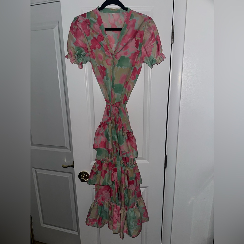 Floral Ruffle Maxi Dress - Pink and Green